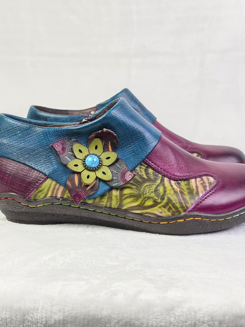 Socofy Shoes Womens 39 Floral Ankle Boots Burgundy Blue Green Zip Comfort Casual - Picture 6 of 12